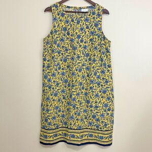 J Jill Love Linen Dress Medium‎ Shift Floral Blue Yellow Sleeveless Beach Casual